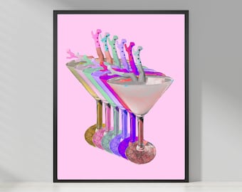 Rainbow Cocktails Pink Retro Printable Wall Art. Retro Wall Decor. Art Deco Cocktail Boots Digital Download. Retro Bar Cart Decor. Martini