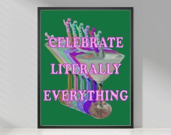 Green Celebrate Everything Retro Printable Wall Art Retro Wall Decor Art Deco Cocktail Boots Digital Download. Retro Bar Cart Decor. Martini