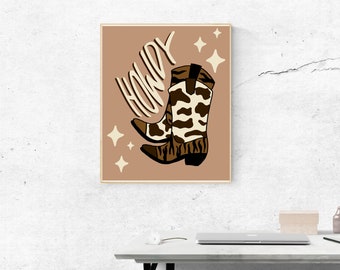 Neutral Howdy Cowgirl Boots Print. Cowboy Boots Western Printable Wall Art. Trendy Dorm Decor. Digital Download Print.