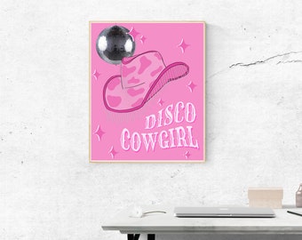 Roze Disco Cowgirl Print. Cowboy hat western afdrukbare kunst aan de muur. Trendy Dorm Decor. Digitale download print. Girly Kunst. Disco Art Deco kunst