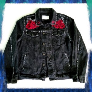 Black jean jacket with red roses discount