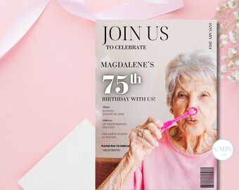 75th Birthday Invitation Template: Magazine Cover Design (Digital Download)