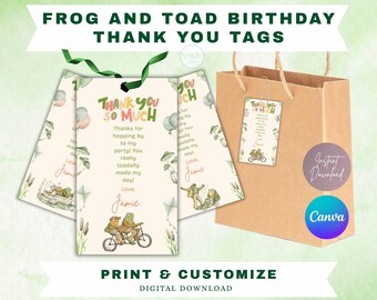 Frog and Toad Thank You Tags for Kids Green Frog Party Theme , Toddler Birthday Frog Decor , Print and Edit Instant Download