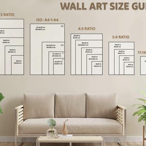 May include: Wall art size guide with different ratios: 2:3, ISO-A4-1-A4, 4:5, 3:4, and 11:14. The guide shows the dimensions in inches and centimeters for each ratio.