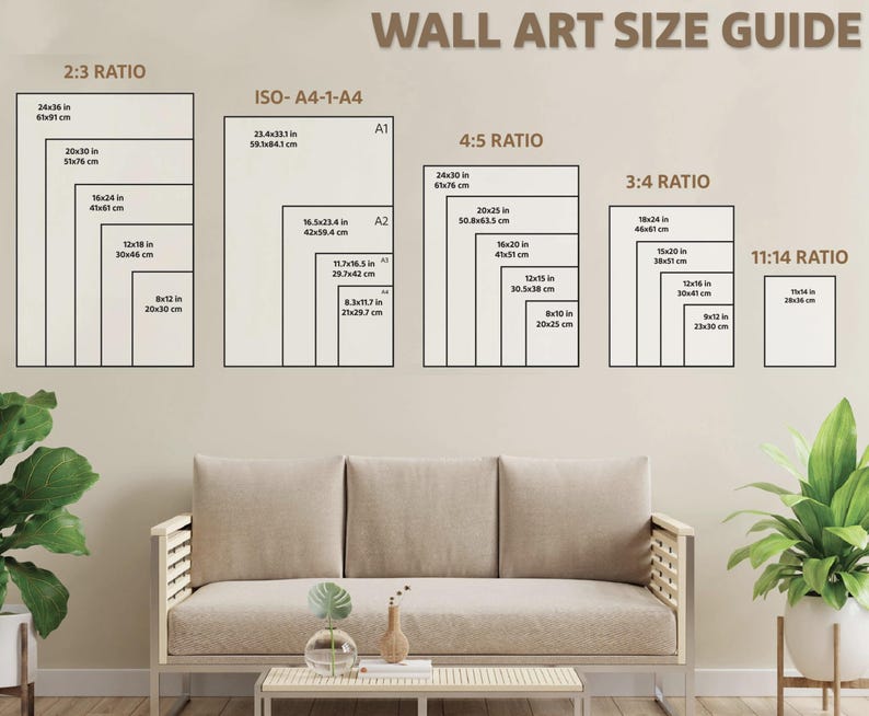 May include: Wall art size guide with different ratios: 2:3, ISO-A4-1-A4, 4:5, 3:4, and 11:14. The guide shows the dimensions in inches and centimeters for each ratio.