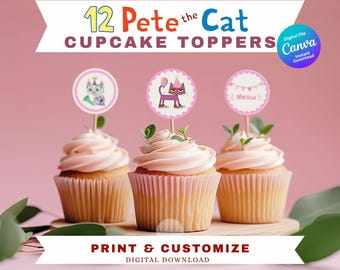Pink Pete the Cat Cupcake Toppers: Editable Birthday Party Decor (Digital Download)