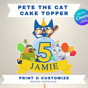 Décoration de gâteau d'anniversaire Pete le chat personnalisable fête d'anniversaire de chat livre personnage carte de fête 1er anniversaire 2e anniversaire faire-part