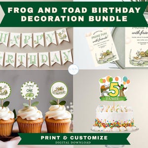 Frog and Toad Book Birthday Decor Bundle Canva Templates Kids Birthday Cupcake Decor Frog Cake Topper Instant Download 8th birthday present