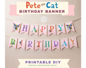 Pink Pete the Cat Birthday Banner: Editable Party Decor (Digital Download)