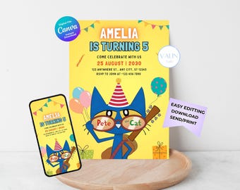 Pete The Cat Geburtstagseinladung: Bearbeitbare Vorlage (Digitaler Download)