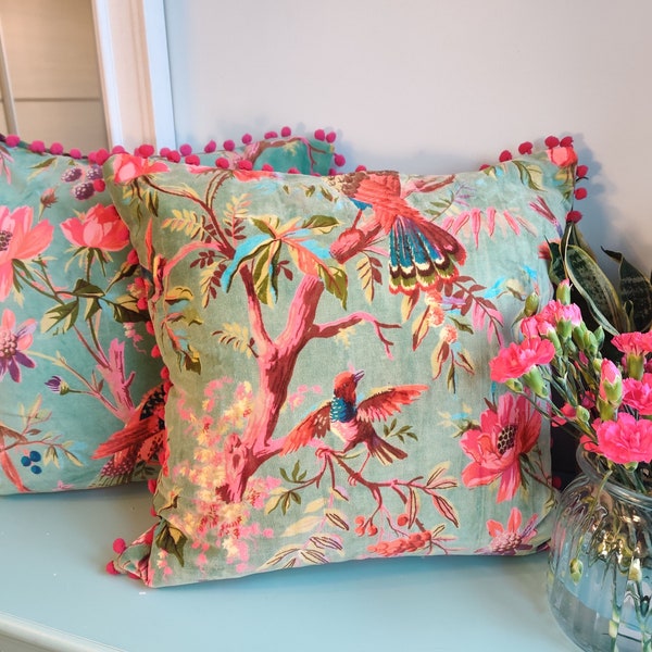 Handmade velvet Cushion Cover with pompoms | Home Decor | Boho decorative | Velvet