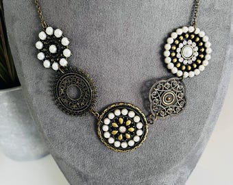 Vintage 1990s Avon Statement Necklace – Pearl & Gold Medallion Boho Chunky Bib - Summer Festival Jewellery