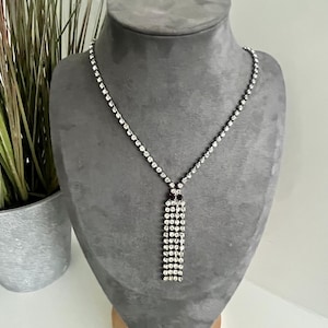 1950s Vintage Crystal Necklace, Clear Rhinestone and Faux Ruby Tassel Pendant, Retro Diamante Jewellery