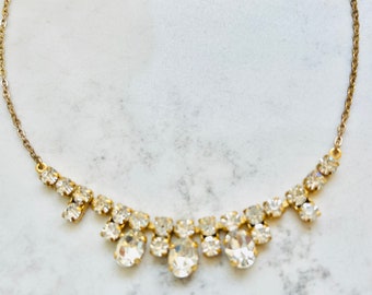 1960s Crystal Necklace, Clear Rhinestone Diamante Choker, Vintage Bridal Jewellery