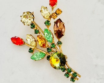 Vintage 1950s Floral Brooch with Multi-Coloured Rhinestones - Sparkling Crystal Pin