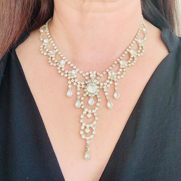 1950s Crystal Necklace, Clear Diamante Choker, Cocktail Jewellery