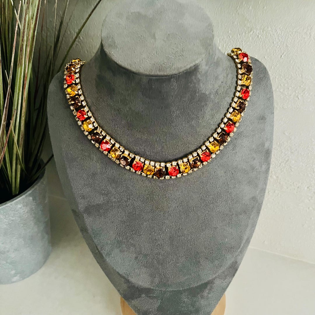 Vintage 1950s Gold Tone Red and Burnt Orange Rhinestone Statement ...
