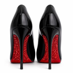 May include: Pair of black patent leather high heels with red glitter soles and stiletto heels. The shoes have a classic pump design with a pointed toe and a glossy finish, perfect for formal occasions.