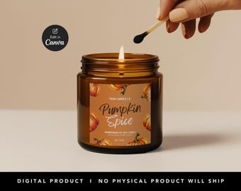 May include: A brown glass candle jar with a label that says "TOUR CANDLE CO Pumpkin Spice" and features a watercolor design of pumpkins. The candle is lit and the flame is visible.