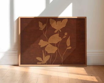 Brun blommig väggkonst horisontell, mörk stämningsfull handritad blomkonsttryck, botanisk elegant heminredning DIGITAL NEDLADDNING