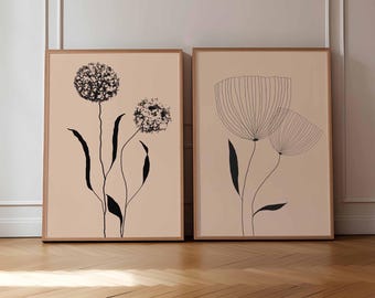Japandi Floral Art Print Set, Beige Botanical Posters, Neutral Minimalist Wall Decor (Digital Download)