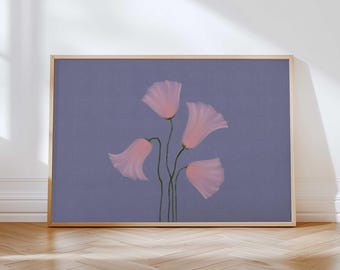 Horizontal Pink Floral Wall Art, Botanical Pastel Print, Delicate Romantic Flowers Poster, Hand Drawn Minimal Bedroom Decor DIGITAL DOWNLOAD