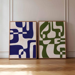 Set mit 2 abstrakten Kunstdrucken im modernen Stil, blau-grüne Wandbilder zum Ausdrucken, Poster mit organischen Formen – DIGITALER DOWNLOAD