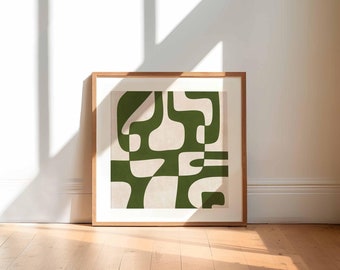 DESCARGA DIGITAL Lámina de arte abstracto moderno cuadrado en verde, decoración de pared maximalista para sala de estar, pósteres de formas orgánicas, 300 ppp