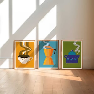 Lot de 3 impressions colorées de café et de thé : pot Moka, théière, tasse, art mural triptyque de cuisine imprimable