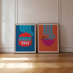 Conjunto de láminas de comida escandinava: Hot Pot y ramen estilo pop art, decoración de pared retro y colorida para la cocina (imprimible)