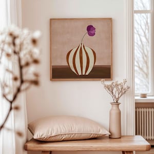 Póster imprimible cuadrado grande de flor en jarrón, dibujo a mano, impresión artística floral única, colores terrosos, arte de pared moderno, descarga digital
