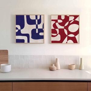 Conjunto de 2 impresiones de arte abstracto cuadrado, arte de pared moderno imprimible, carteles de formas orgánicas azules y rojas, decoración de pared de moda, DESCARGA DIGITAL