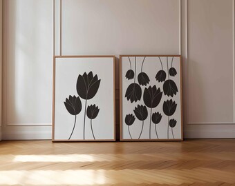 Set of 2 Minimalist Floral Black and White Printable Posters Simple Botanical Art Prints Living Room Bedroom Wall Decor DIGITAL DOWNLOAD