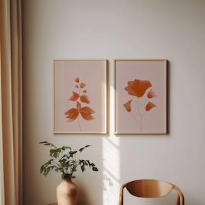 Set of 2 Minimal Botanical Art Prints Floral Beige Burnt Orange Poster Printable Unique Handmade Living Room Wall Decor DIGITAL DOWNLOAD