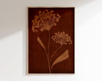濃い茶色の花柄アートプリント、アースカラーのミニマルなボタニカルポスター、印刷可能な壁飾り