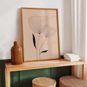 Minimalist Floral Line Art Print Neutral Beige Black Simple Botanical ...