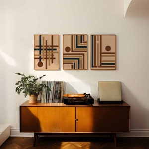 Arte de pared tríptico de mediados de siglo, conjunto de 3 impresiones de arte de los años 60 y 70, cartel geométrico marrón beige negro, arte de línea moderna, decoración de pared de moda neutra