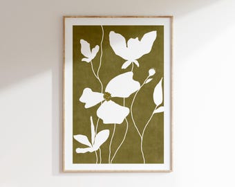 Impresión artística botánica verde y blanca, póster floral minimalista imprimible, arte de pared floral verde oliva para sala de estar, texturizado, DESCARGA DIGITAL