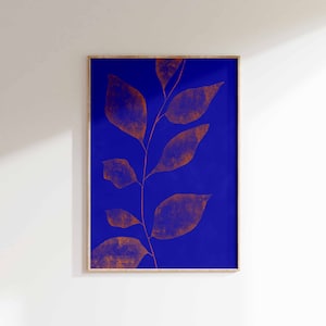DIGITAL DOWNLOAD Botanical Accent Wall Art, Blue Orange Plant Leaves Poster Print, Maximalist Floral Wall Decor, Living Room Printable Art