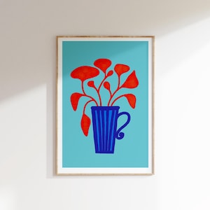 Impresión artística de flores rojas dibujadas a mano, póster de flores en jarrón azul, arte de pared botánico único imprimible para dormitorio y sala de estar, descarga digital