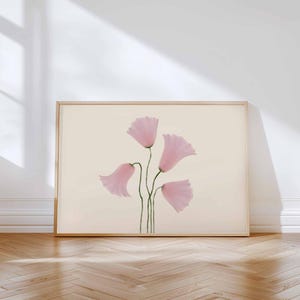 Arte de pared floral neutro con flores horizontales beige y rosa, impresión artística, dibujado a mano, póster único para dormitorio, imprimible, descarga digital