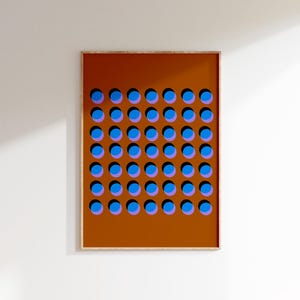Impresión artística vibrante de puntos coloridos, patrón geométrico simple en azul y naranja, póster imprimible, arte de pared de lunares de los años 80, DESCARGA DIGITAL