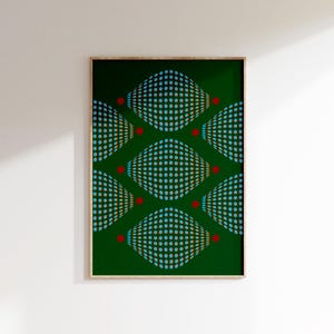 May include: A framed abstract art print with a green background and a pattern of blue and orange circles forming a repeating diamond shape. The circles are arranged in a way that creates a 3D effect.