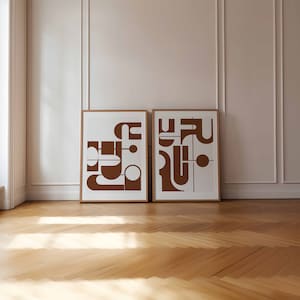 Conjunto de 2 impresiones artísticas abstractas únicas, arte mural geométrico de mediados de siglo, decoración original de pared con acento en marrón y blanco, decoración moderna para el hogar hecha a mano.