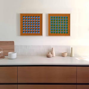 Juego de arte de pared geométrico moderno, impresiones artísticas de lunares cuadrados coloridos, pósteres de pared con acentos grandes en naranja, azul y verde, DESCARGA DIGITAL