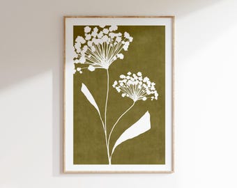 Impresión artística minimalista floral verde y blanco, estética bohemia, póster botánico verde oliva, arte de pared texturizado dibujado a mano imprimible, DESCARGA DIGITAL