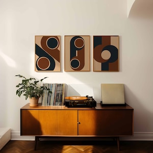 Arte de pared tríptico para la decoración de la sala de estar, impresiones de arte de mediados de siglo conjunto de 3, cartel geométrico en marrón beige negro, arte de pared de acento maximalista