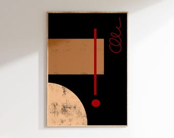 May include: Abstract art print featuring geometric shapes in a wooden frame. The artwork includes a black background with a tan rectangle, a tan semi-circle, and a red vertical line with a red dot and a red spiral.