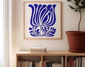 Decorazione murale con fiori blu cobalto, stampa floreale estetica quadrata, decorazione murale botanica per camera da letto, poster stampabile alla moda per soggiorno. DOWNLOAD DIGITALE