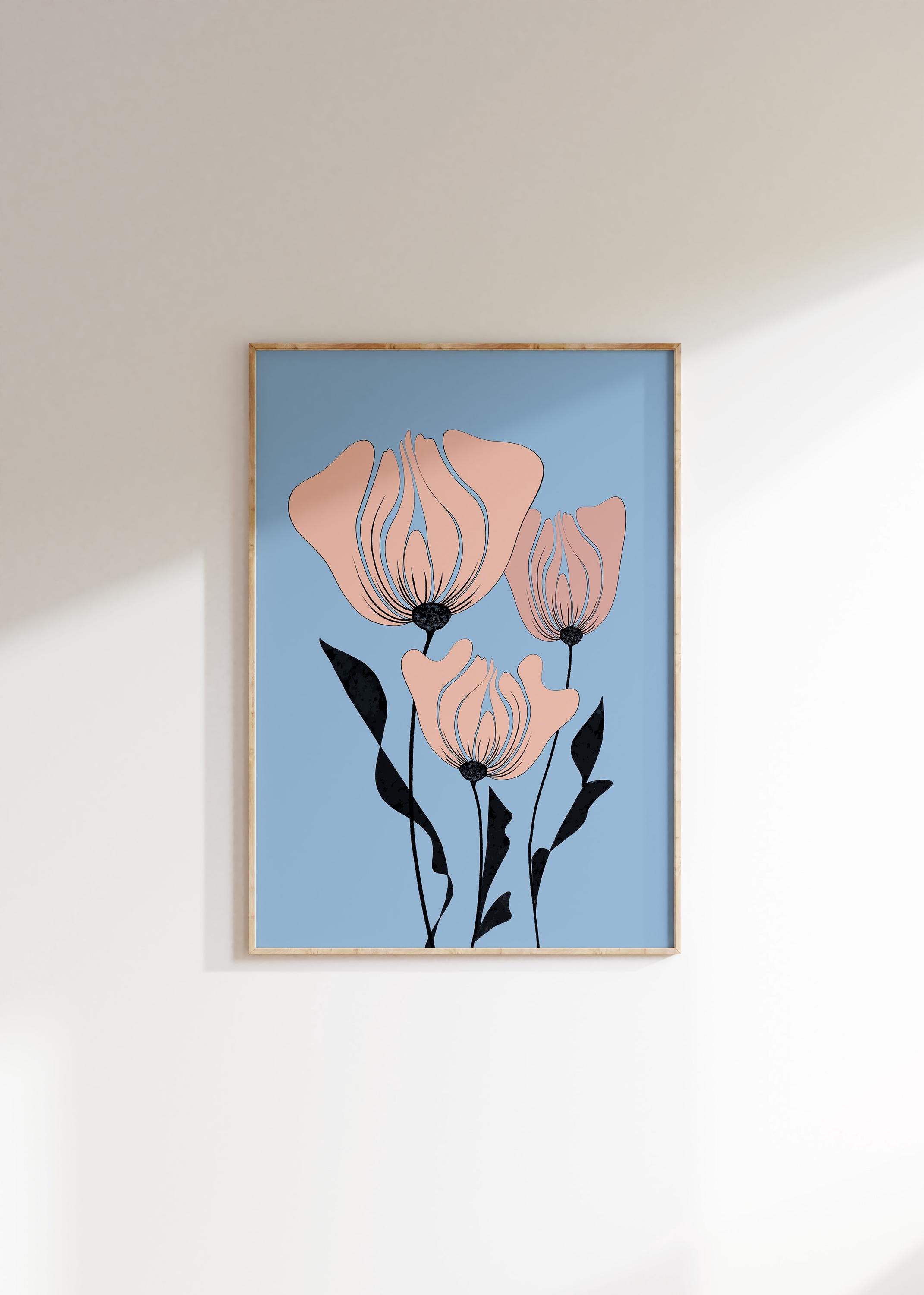 Light Blue Floral Wall Art, Pastel Pink Flowers Print, Unique Hand ...